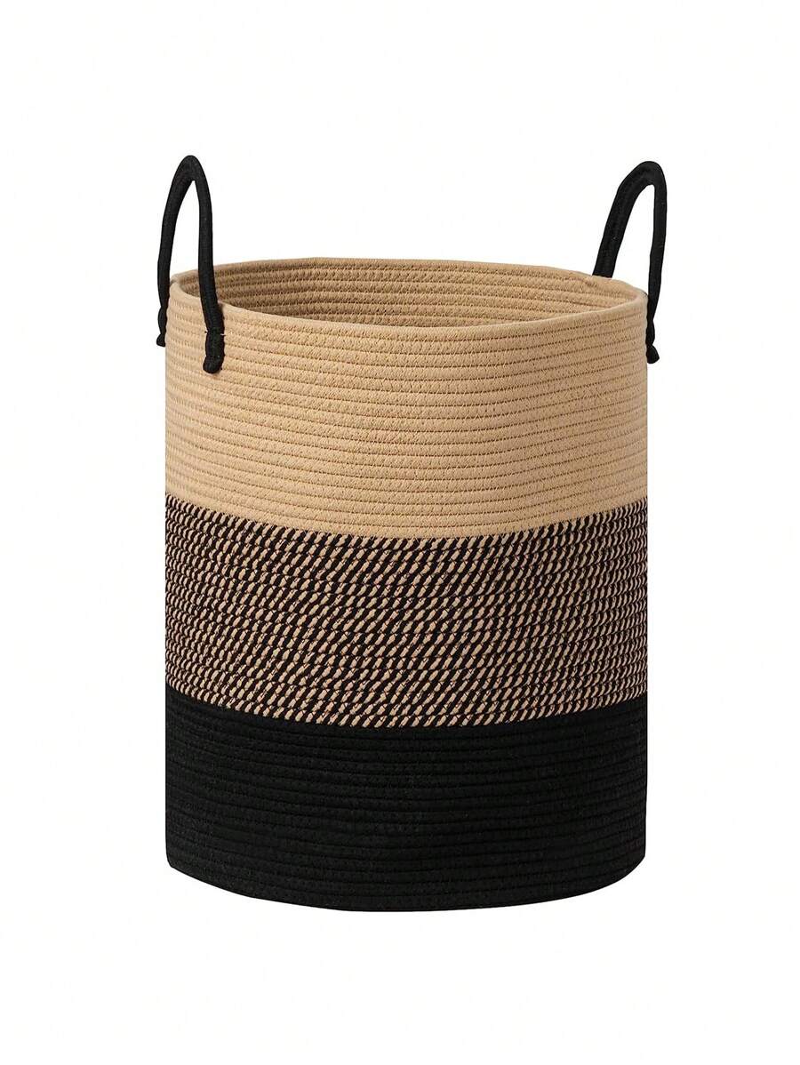 Cesto alto para la ropa sucia, cesto grande para la ropa sucia con asas, cesto de cuerda tejida para guardar mantas y juguetes en el salón, el baño y el dormitorio - 58L Marrón y Negro - Caqui - Ver 1