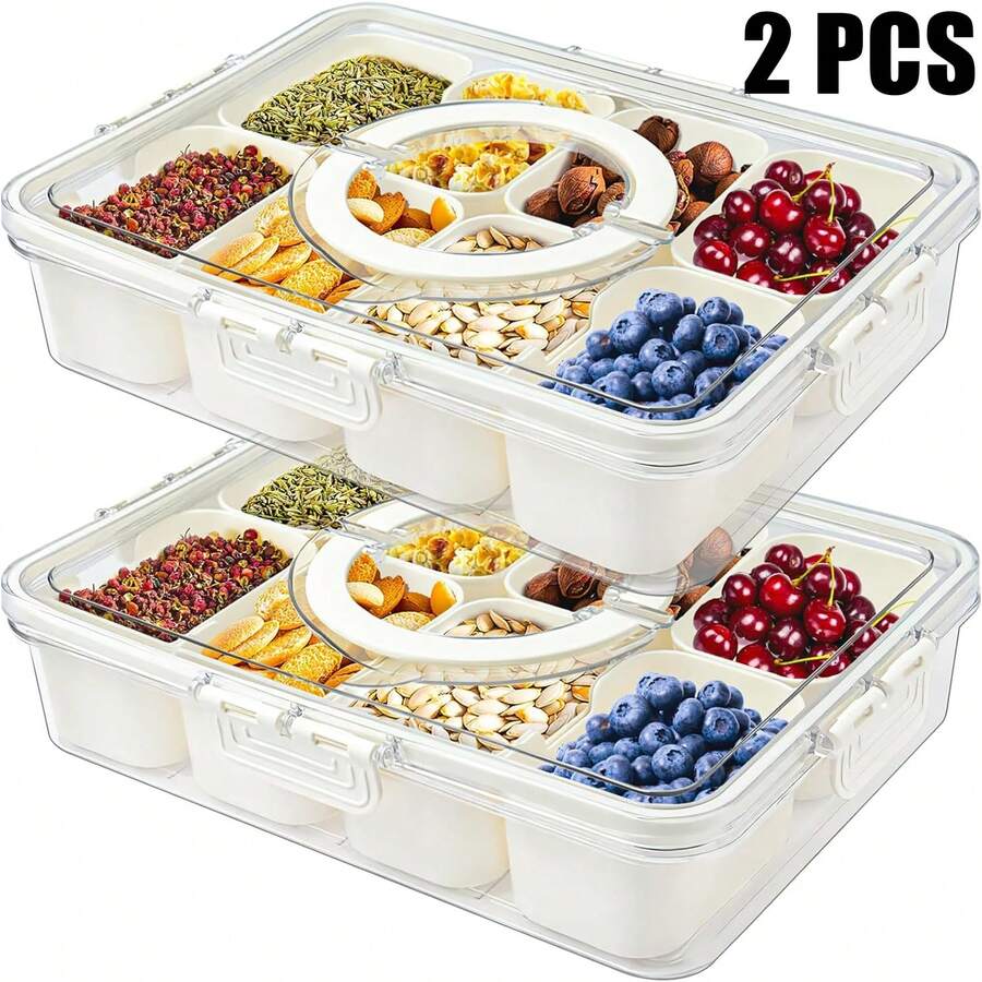 FomoSone 2 khay chia ngăn có nắp - Hộp đựng đồ ăn nhẹ di động có tay cầm, Hộp đựng đồ ăn nhẹ có 8 hộp nhỏ có thể tháo rời, Đĩa trái cây di động - Dụng cụ sắp xếp trong suốt để đựng kẹo, trái cây, các loại hạt - Màu be - Xem 1