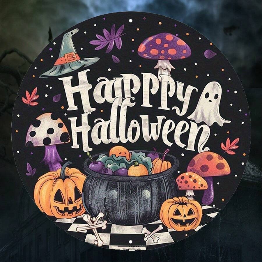 1pc Wooden Round Happy Sign Decorative Plaque - Black - View 1