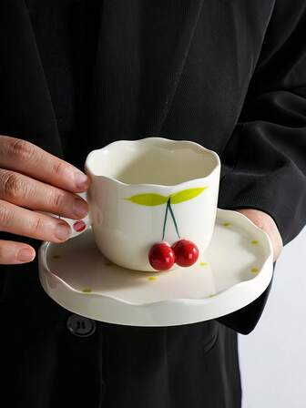 1 Set Cherry Embossed Cup & Saucer, Cherry Embossed Ceramic Mug, Unique Design Drinkware For Home, Restaurant, Cafe, Gathering