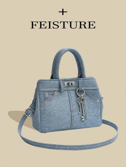 1 件女士复古破洞牛仔布手提包，适合日常通勤和工作，单肩铂金手提包