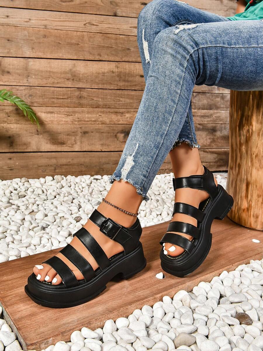 Sandals, Thick Soled Sandals, Women's New Fashion Multifunctional, Solid Color, Classic, Retro Style Flat Sandals, Waterproof Platform, Metal Buckle, Three Adjustable Shoe Uppers, PU Leather Material, Roman Thick Soled Sandals, Vacation Style Outdoor Summer Wedge Sandals, Suitable For Beach, Vacation, Travel, Daily Outings, Gatherings, Commuting, Matched With Various Skirts, Shorts, Casual Pants, Jeans, Workwear - Black - View 1