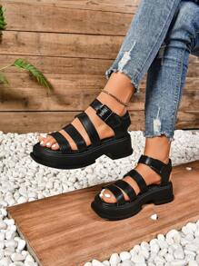 Sandals, Thick Soled Sandals, Women's New Fashion Multifunctional, Solid Color, Classic, Retro Style Flat Sandals, Waterproof Platform, Metal Buckle, Three Adjustable Shoe Uppers, PU Leather Material, Roman Thick Soled Sandals, Vacation Style Outdoor Summer Wedge Sandals, Suitable For Beach, Vacation, Travel, Daily Outings, Gatherings, Commuting, Matched With Various Skirts, Shorts, Casual Pants, Jeans, Workwear - Black - View 5