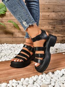 Sandals, Thick Soled Sandals, Women's New Fashion Multifunctional, Solid Color, Classic, Retro Style Flat Sandals, Waterproof Platform, Metal Buckle, Three Adjustable Shoe Uppers, PU Leather Material, Roman Thick Soled Sandals, Vacation Style Outdoor Summer Wedge Sandals, Suitable For Beach, Vacation, Travel, Daily Outings, Gatherings, Commuting, Matched With Various Skirts, Shorts, Casual Pants, Jeans, Workwear - Black - View 4
