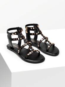 Women Summer Gladiator Sandals Flat Sandals With Zipper Metal Polka Dot Desgin Tropical Vacation Fashion Chic Beach Versatile Ankle Shoes - 黑色 - 查看 2