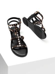 Women Summer Gladiator Sandals Flat Sandals With Zipper Metal Polka Dot Desgin Tropical Vacation Fashion Chic Beach Versatile Ankle Shoes - 黑色 - 查看 7