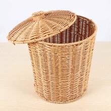 Cesta tejida para basura, cesta redonda de mimbre con tapa, macetero, cestas de almacenamiento tejidas, papelera de mimbre - Multicolor - Ver 5