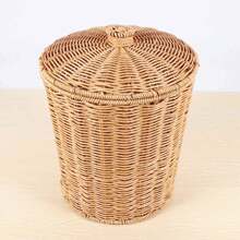 Cesta tejida para basura, cesta redonda de mimbre con tapa, macetero, cestas de almacenamiento tejidas, papelera de mimbre - Multicolor - Ver 4