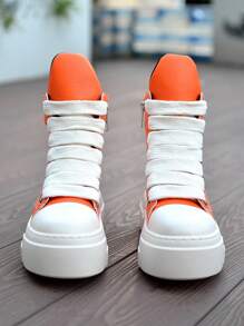 Women Orange High Top Sneakers Mixed Color Leather Sports Shoes Flat Platform Fashion Cowgirl Ankle Boots Casual Soft Comfortable Retro Flats - Orange White - View 8