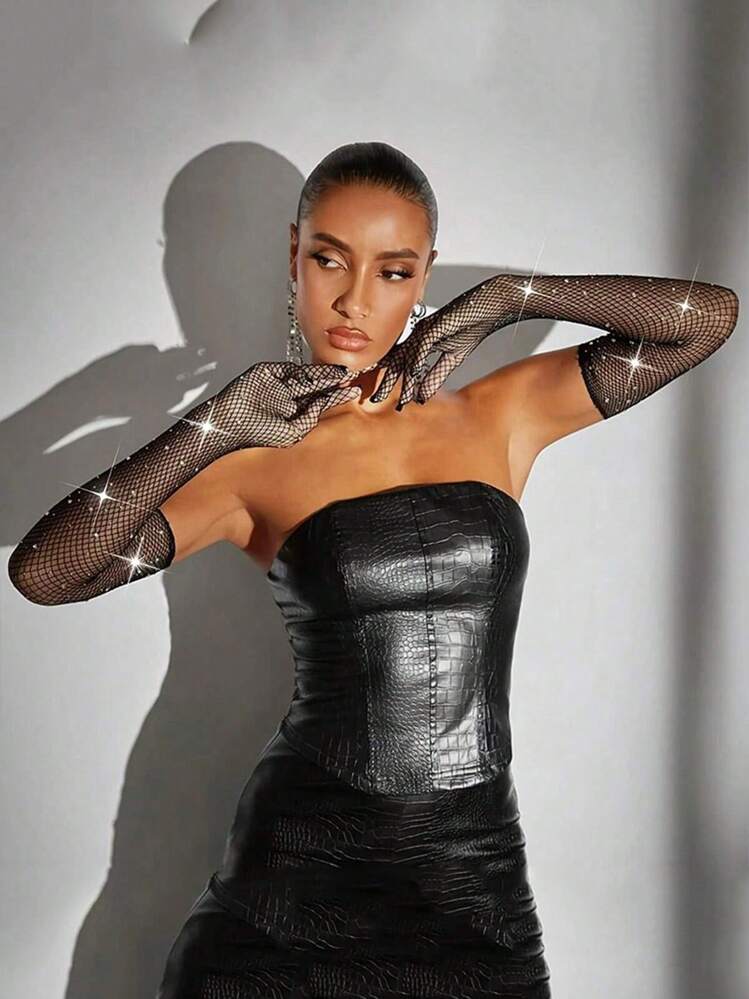1Pair Fishnet Colored Gloves Hollow Elastic Shiny Diamond Mesh 