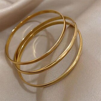 Aritio 3pcs/Set Vintage & Simple 18K Gold-Plated Stainless Steel Smooth Closed Bangle Bracelets, Suitable For Women's Daily Wear And Wedding Gift