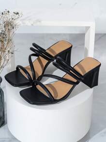 Fashionable Ladies' Cross Band Black Mule Sandals With High Heels And Square Toe - Black - View 7