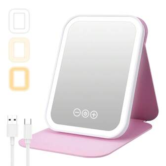 M MISS DREAM 带灯旅行化妆镜，便携式带灯美容镜，3种颜色灯光，可调光触摸屏，可充电泛光桌面LED化妆镜。