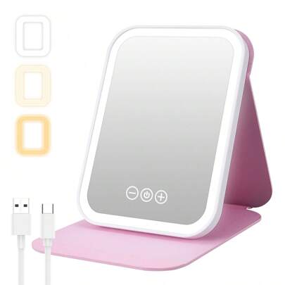 M MISS DREAM Espejo De Maquillaje Led Portátil, Espejo De Belleza Iluminado Para Viajes, Iluminación En 3 Colores, Pantalla Táctil Con Regulador De Intensidad, Espejo De Tocador Led Plegable Y Recargable