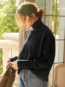 女士高领宽松针织毛衣，适合秋冬季节，加厚长袖套头衫，简约复古风，时尚百搭，适合圣诞节、新年、情人节、返校季等场合，休闲黑色 - 黑色 - 查看 6