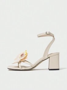 صنادل نسائية بكعب سميك، تصميم فراشة ثلاثي الأبعاد هولوغرافي، أصبع مفتوح، لون أبريكوت أنيق، مناسب للنوادي الليلية والأماكن الخارجية في الربيع والصيف