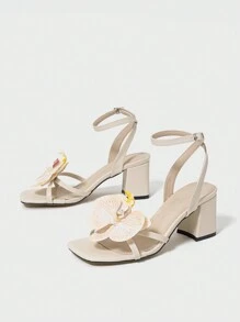 صنادل نسائية بكعب سميك، تصميم فراشة ثلاثي الأبعاد هولوغرافي، أصبع مفتوح، لون أبريكوت أنيق، مناسب للنوادي الليلية والأماكن الخارجية في الربيع والصيف