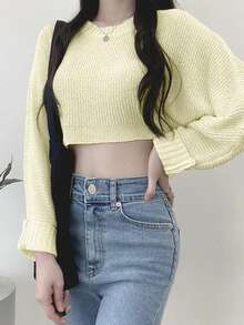New Early Autumn Hot Girl Short Solid Color Long Sleeve Women's Knit Tops - Yellow - View 1