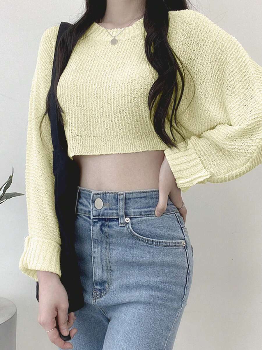 New Early Autumn Hot Girl Short Solid Color Long Sleeve Women's Knit Tops - Yellow - View 1