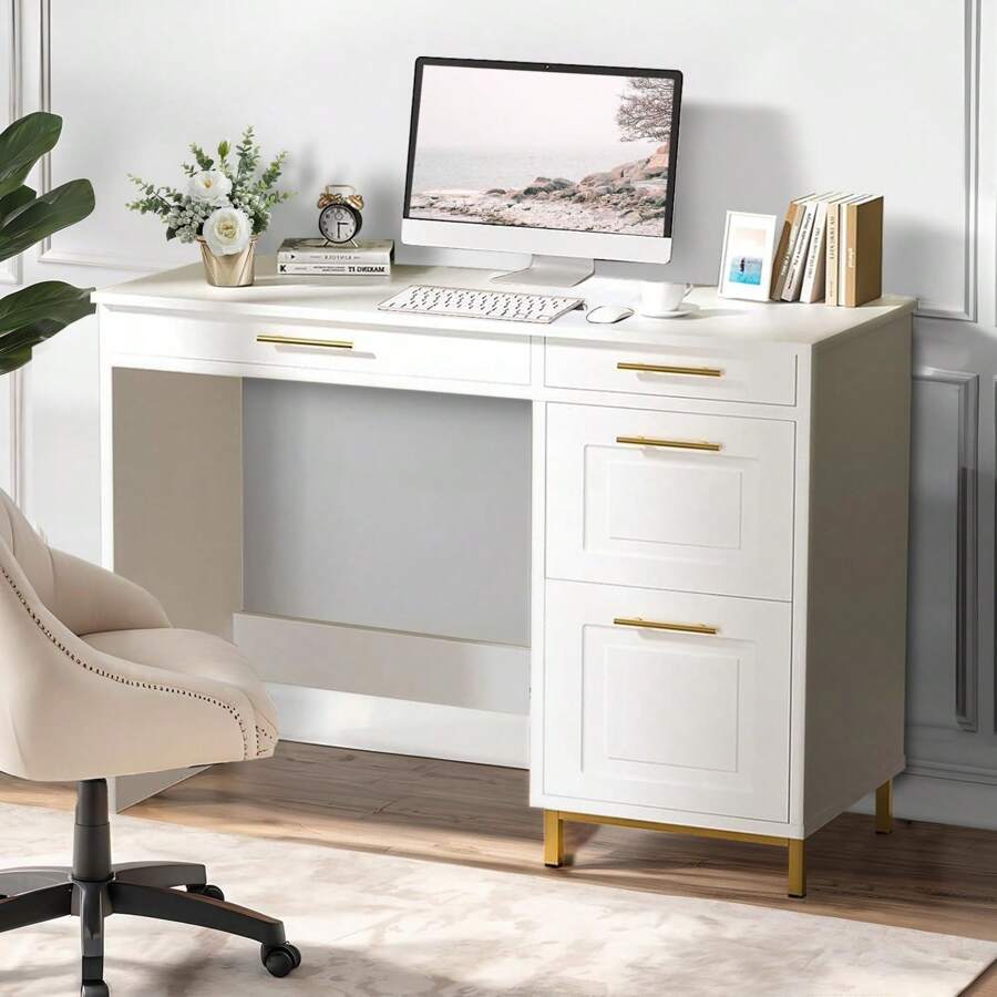 43" Computer Desk With Drawers, Small White Writing Desk For Home Office Bedroom, Modern Compact Desk With Gold Handles,  White/ Black - 白色 - 查看 1