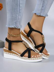Handmade Beaded Bohemian Casual Sports Sandals With Wedge Heels, Flat Low-Heels, Anti-Slip Woven Bottom & Mid Heels For Women