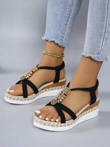 Handmade Beaded Bohemian Casual Sports Sandals With Wedge Heels, Flat Low-Heels, Anti-Slip Woven Bottom & Mid Heels For Women