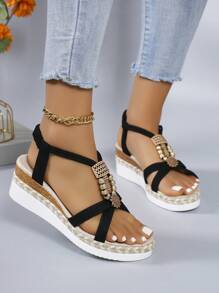 Handmade Beaded Bohemian Casual Sports Sandals With Wedge Heels, Flat Low-Heels, Anti-Slip Woven Bottom & Mid Heels For Women