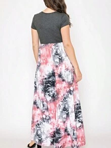 Boho Retro Multi Ditsy Floral Stripe Blue Charcoal Black Coral Short Sleeve Maxi Long Dress With Pocket | S-3X - 深灰色 - 查看 4