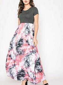 Boho Retro Multi Ditsy Floral Stripe Blue Charcoal Black Coral Short Sleeve Maxi Long Dress With Pocket | S-3X - 深灰色 - 查看 1