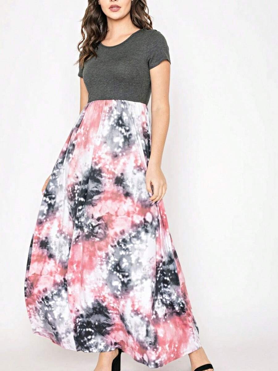 Boho Retro Multi Ditsy Floral Stripe Blue Charcoal Black Coral Short Sleeve Maxi Long Dress With Pocket | S-3X - 深灰色 - 查看 1