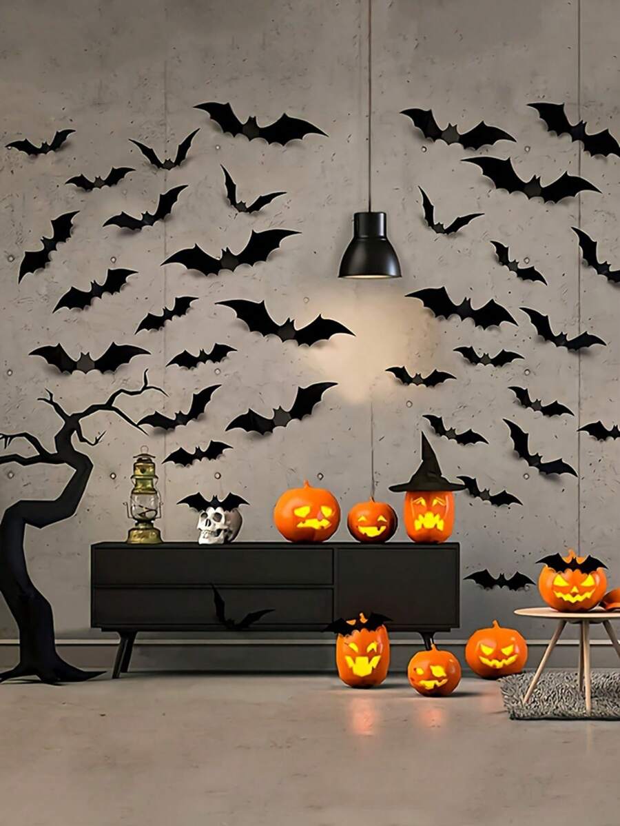12/24/48 件，3D 黑色 PVC 蝙蝠万圣节装饰 - 酒吧房间的恐怖装饰道具，墙贴 - 非常适合万圣节派对和用品，奇怪的东西