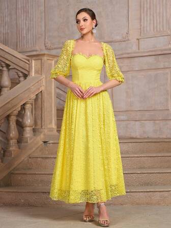 Women's Sweetheart Neck Half Sleeve Lace Maxi Party Dress