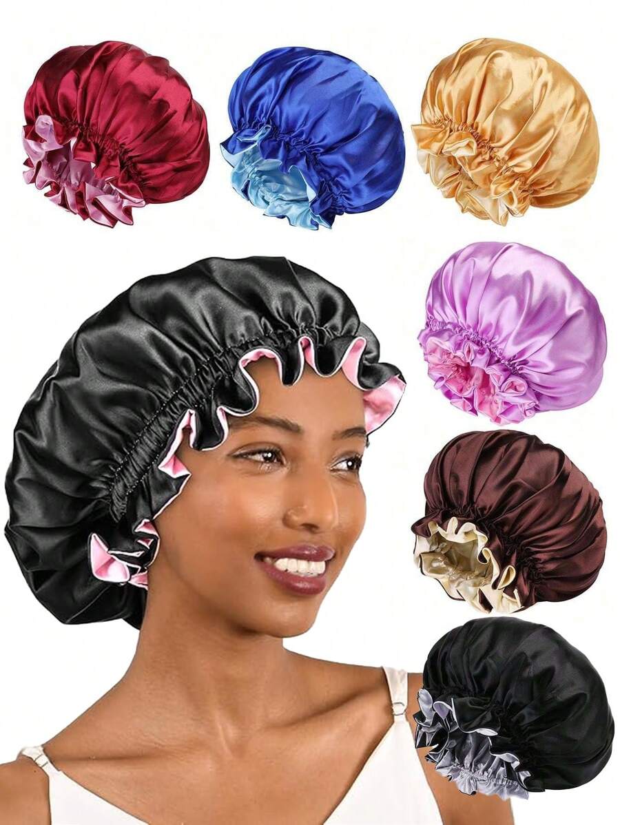 Awegeo Red de dormir para mujer de doble capa de satén y spandex con un solo color y borde ondulado, gorra de dormir elegante y cómoda, transpirable y suave, adecuada para dormir y cuidado del pelo - A - Ver 1
