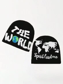 1 件男士时尚字母和地球地图针织帽，温暖冬季配饰冬帽秋季服装 - 彩色 - 查看 1