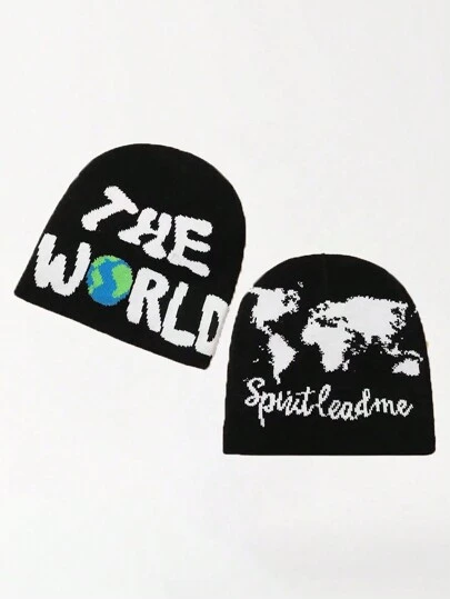 1 Mũ len dệt kim họa tiết chữ và bản đồ trái đất thời trang dành cho nam, Phụ kiện mùa đông ấm áp, Trang phục mùa thu