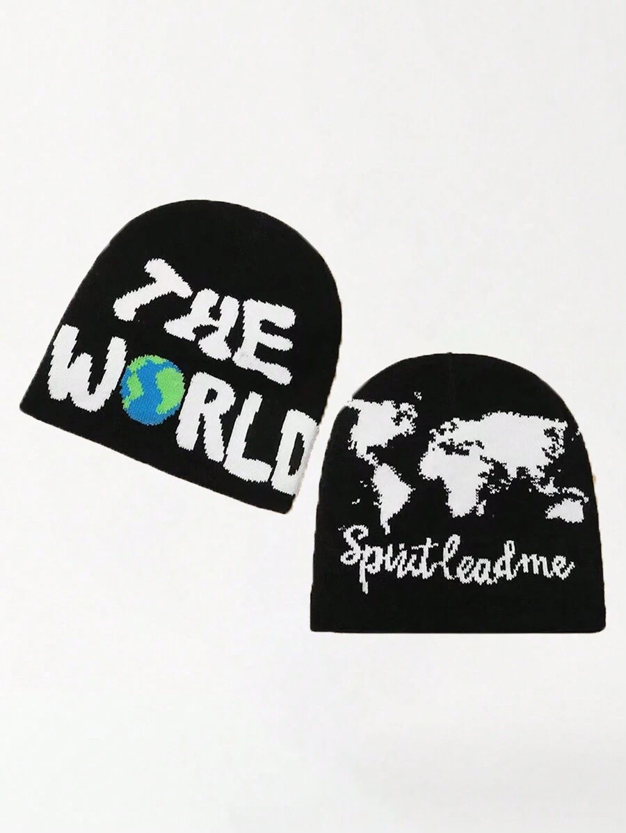 1 件男士时尚字母和地球地图针织帽，温暖冬季配饰冬帽秋季服装 - 彩色 - 查看 1