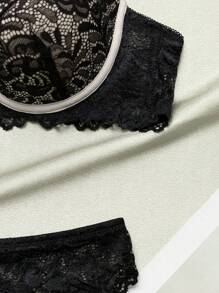 مجموعة من قطعتين، سدادة صدر ذات حافة معدنية وسروال داخلي من القماش والدانتيل للملابس الداخلية للسيدات - الأسود - مشاهدة 6