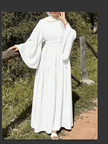 Women Long Dress With Round Collar And Wide Waist Belt, Casual Holiday Attire - White - View 3