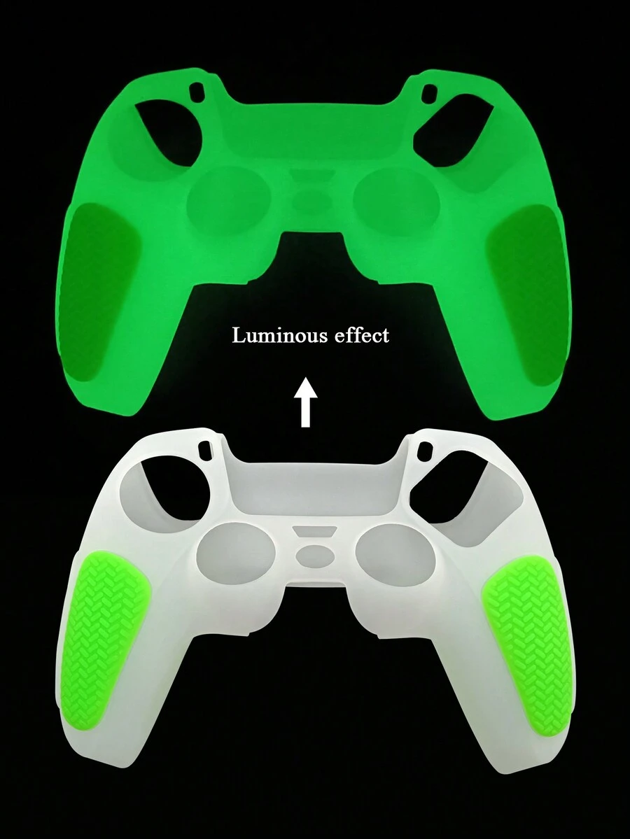 1 vỏ bọc tay cầm PS5 bằng silicon, thiết kế dày, hai màu phát sáng trong bóng tối, kết cấu chống trượt, chống rơi, chống trầy xước, chống mồ hôi, cải thiện cảm giác chơi game, có lỗ mở lớn ở phía dưới để sạc đế sạc