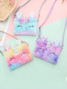 1入組漸變色毛絨獨角獸斜挎包，卡通可愛毛絨背包，適用於兒童，睡眼毛絨獨角獸幼稚園女孩斜背收納袋，存放玩具和配件 - 獨角獸斜跨包 - 查看 6