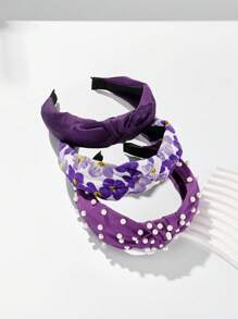3pcs/Set Solid Color & Floral Printed Wide Brim Fabric Style Headbands With Faux Pearls For Beach Vacation Boho - Multicolor - View 8