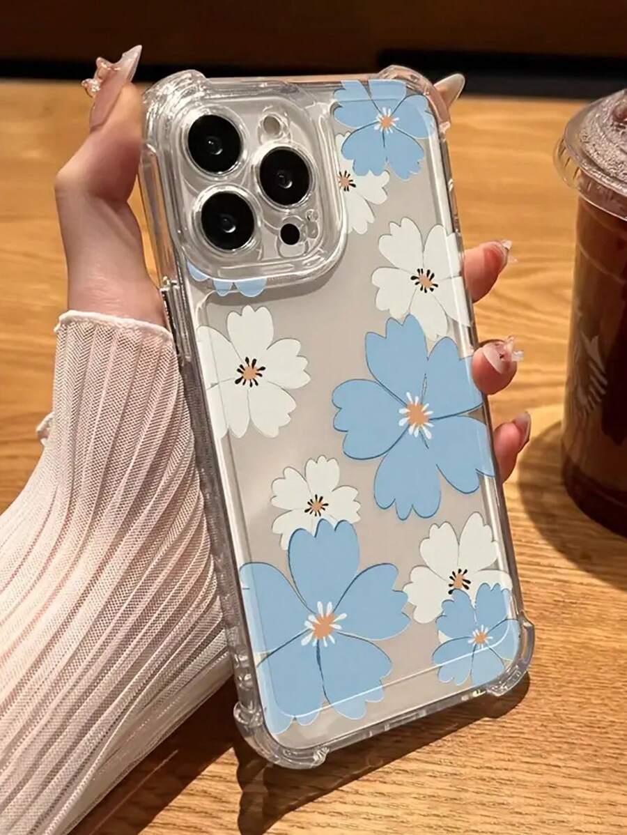 1pc Blue And White Flower Printed Phone Case Compatible With IPhone 7/8/X/XS/XR/11/12/13/14/15 Plus Pro Max Mini: Airbag Shockproof Soft TPU Protective Cover