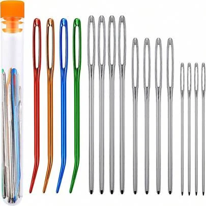 17 件/套不锈钢挂毯针（12 件）+彩色弯曲钩针（4 件），带 1 个收纳盒，用于缝纫、钩针编织、DIY 针织（所有款式和颜色随机）
