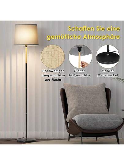 Vloer Lamp Linen Lampshade, E27 Base, Max. 60W, Living Room Lamp, Fabric Shade 170cm Height Room, Bedroom, Study, Office, out Bulb view 3