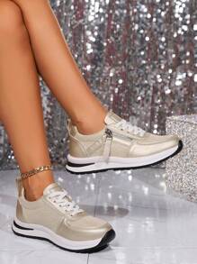 女士轻便拉链休闲运动鞋，透气时尚运动鞋，耐用舒适，秋季新品 - 金色 - 查看 2