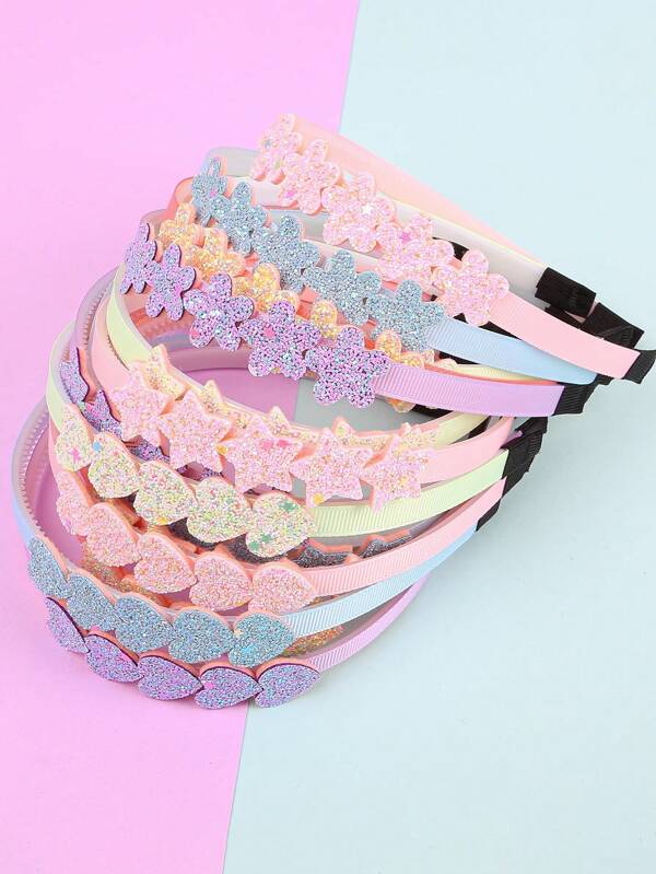 5 قطعة / مجموعة رباط شعر للأطفال بنات صغيرات مزينة بزهور مضيئة ونجوم وأشكال قلوب لامعة لأعياد الميلاد والخارجيات