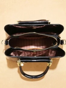 优雅亮面印花女士手提包，复古简约百搭单肩斜挎包 - 黑色 - 查看 8