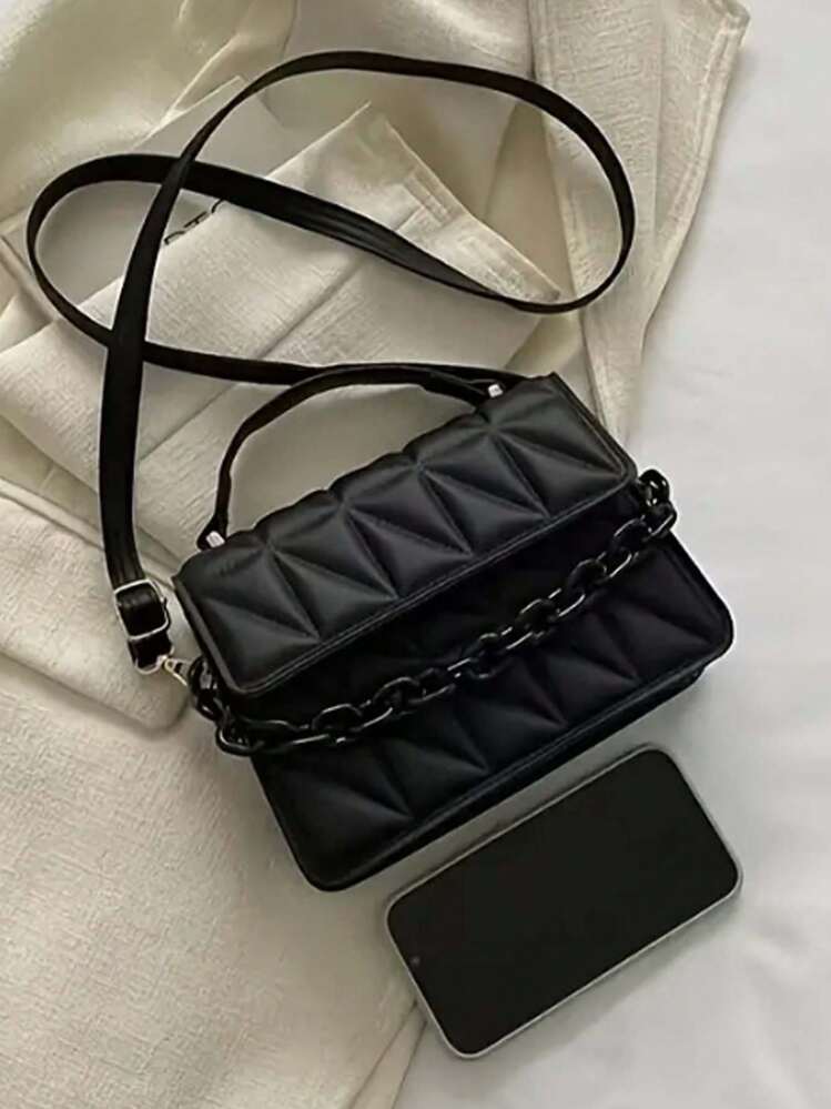 时尚单肩包，别致斜挎包，时尚方形钱包，简约菱形图案，优雅女性，涤纶衬里和带扣设计，适合多种场合 - 带顶部提手的简约单肩包 - 黑色 - 查看 5