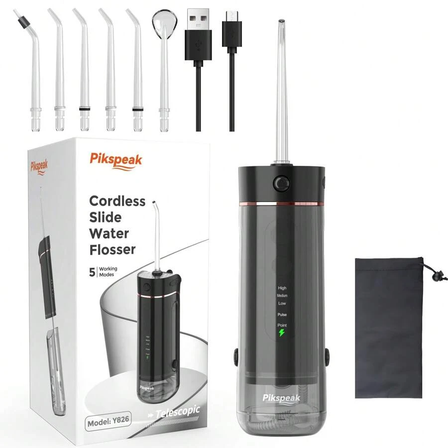 Pikspeak Water Floss - 5 Mode Wireless Oral Irrigator, IPX7 Waterproof, 6 Types Of Nozzles, USB Charging Interface Electric Teeth Cleaning Water Floss Machine, Professional For Travel And Home - 黑色 - 查看 1