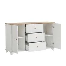 Sweiko Sweiko Complete slaapkamerset, 3-delig. Modern tweepersoonsbed + nachtkastje + ladekast, tweepersoonsbed 160x200cm met middenvoet, nachtkastje met 2 lades, ladekast met 3 lades en 2 deuren, wit + naturel